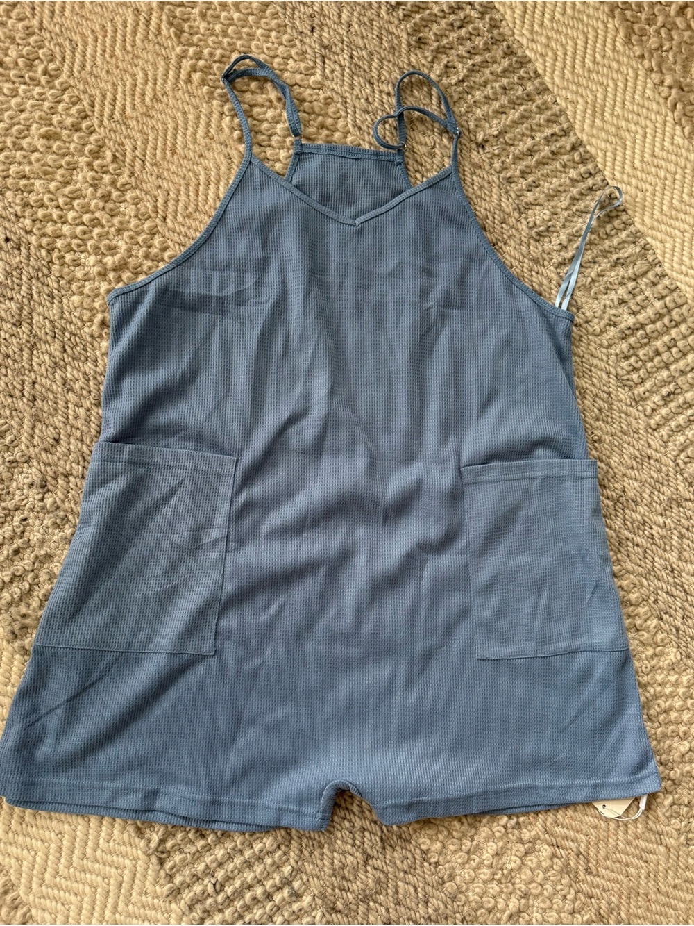 Blue Women's Sleeveless Romper shorts waffle texture XL pockets adj straps new